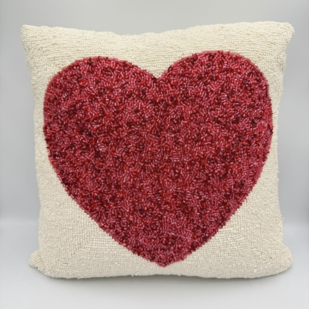 Hearts‎ & Kisses Beaded Heart Throw Pillow Red White Valentine Coquette Decor